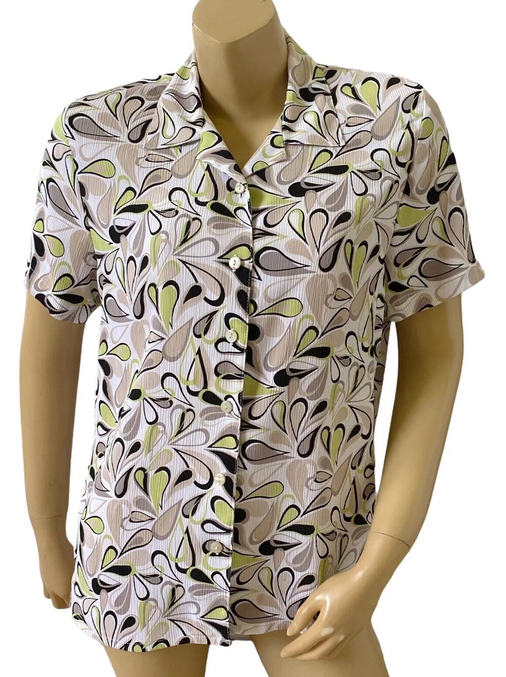 Alia Button Up Shirt Womens 10 Multicolor Retro Abstract Print Short Sleeve